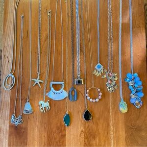 Lot of 15 long chain pendant sweater necklaces in mixed styles and mixed media